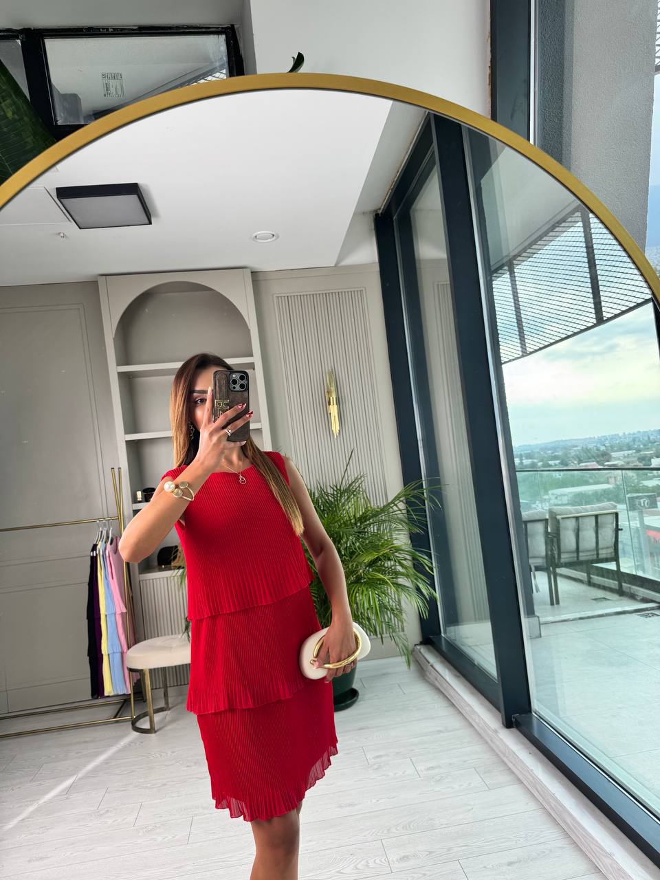 Kırmızı%20İnce%20Piliseli%20Katlı%20Astarlı%20Premium%20Şifon%20Elbise