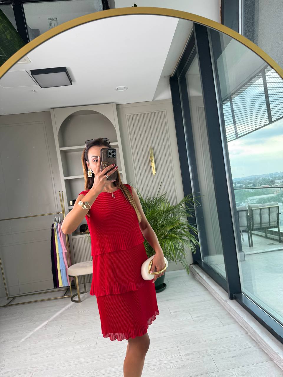 Kırmızı%20İnce%20Piliseli%20Katlı%20Astarlı%20Premium%20Şifon%20Elbise