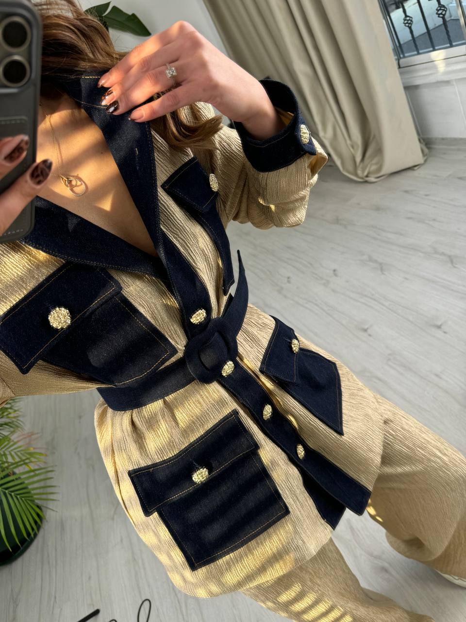Gold%20Bej%20Tasarım%20Jean%20Detay%20Kemerli%20Pantolon%20Ceket%20Takım