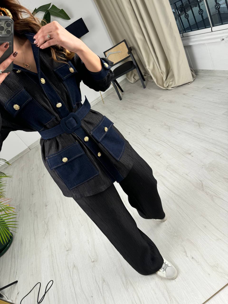 Siyah%20Tasarım%20Jean%20Detay%20Kemerli%20Pantolon%20Ceket%20Takım