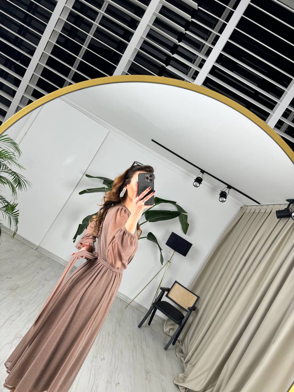 Vizon%20Kuşaklı%20Parıltılı%20Kumaş%20Astarlı%20Midi%20Boy%20Elbise