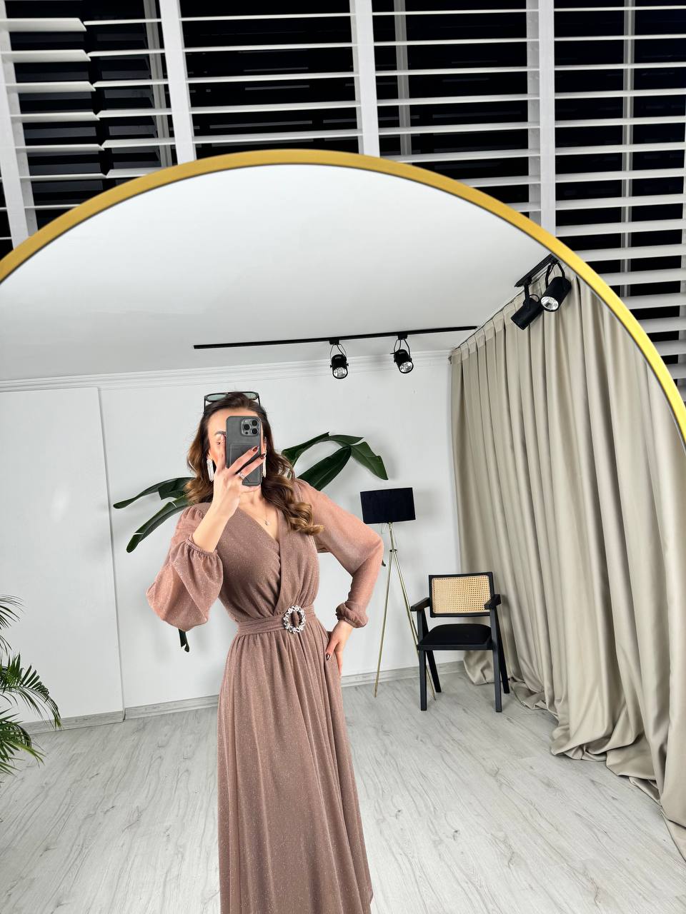 Vizon%20Kuşaklı%20Parıltılı%20Kumaş%20Astarlı%20Midi%20Boy%20Elbise