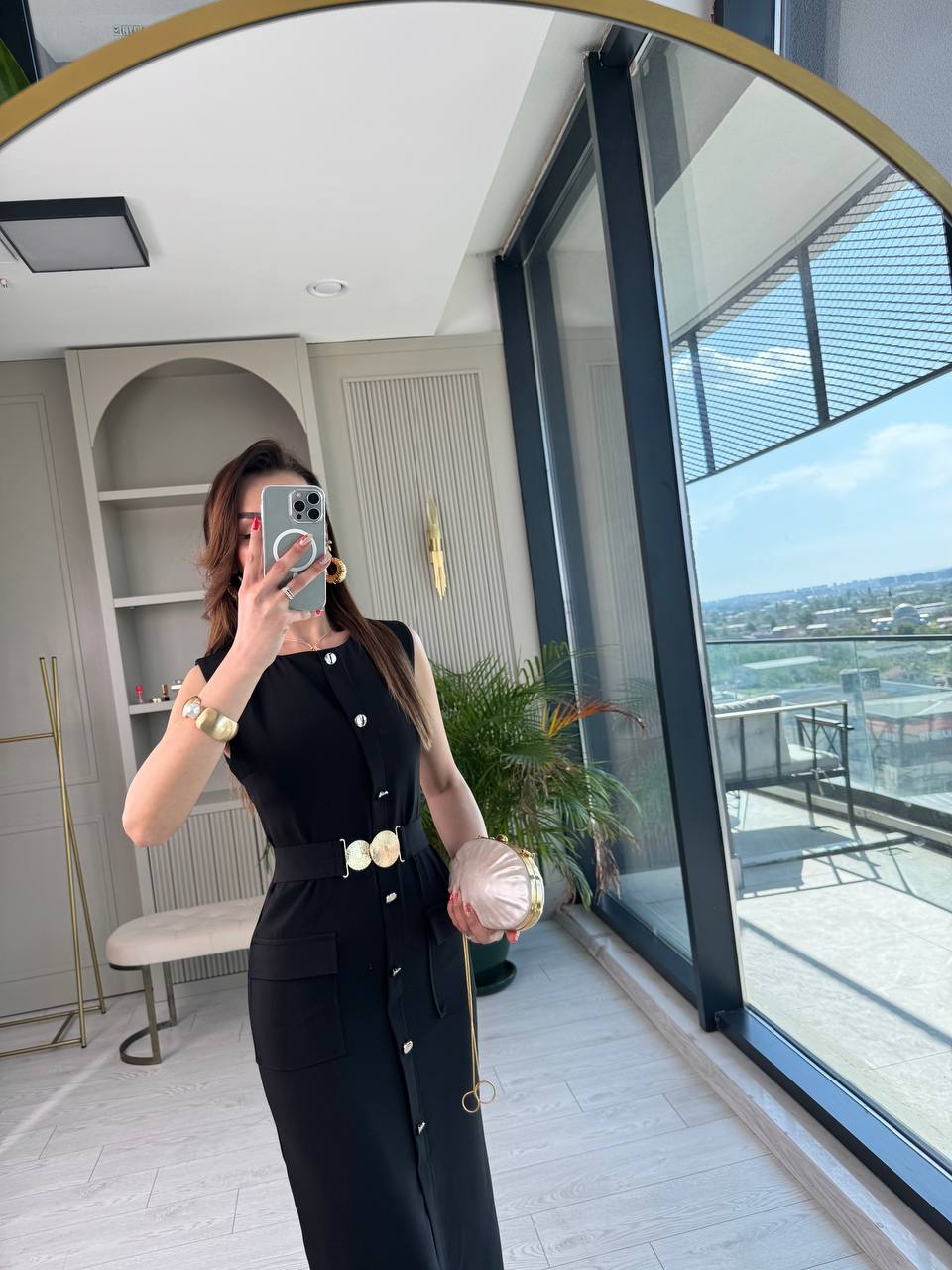 Siyah%20Double%20Krep%20Kumaş%20Gold%20Aksesuarlı%20Lüks%20Kalite%20Elbise