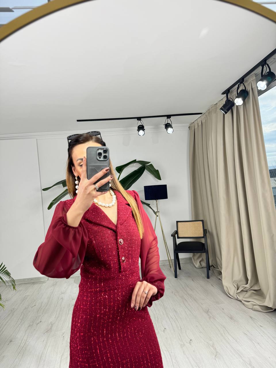 Bordo%20Kolu%20Şifon%20Ceket%20Yaka%20Tuvid%20Elbise