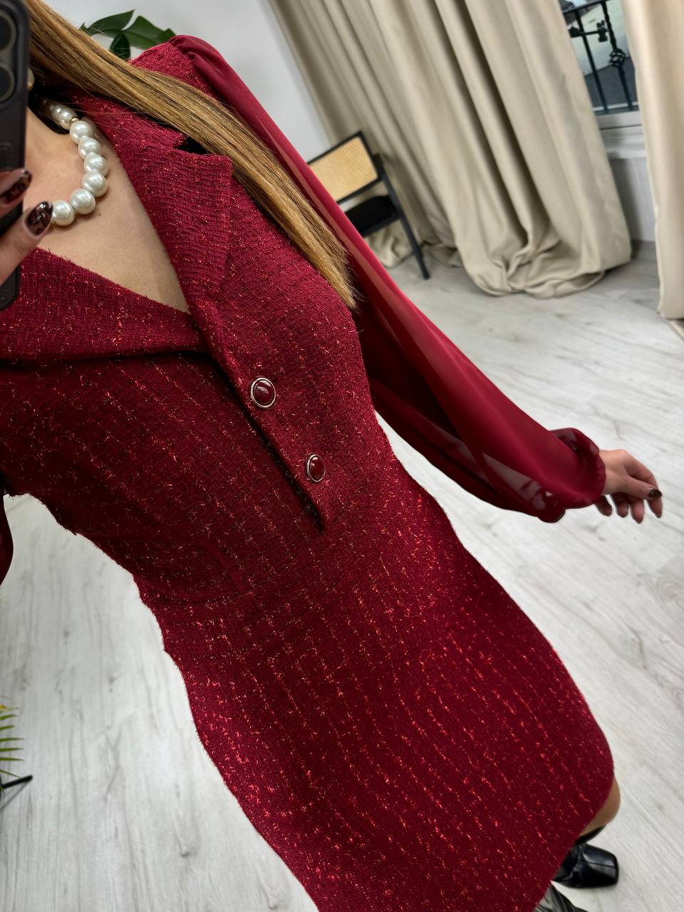 Bordo%20Kolu%20Şifon%20Ceket%20Yaka%20Tuvid%20Elbise