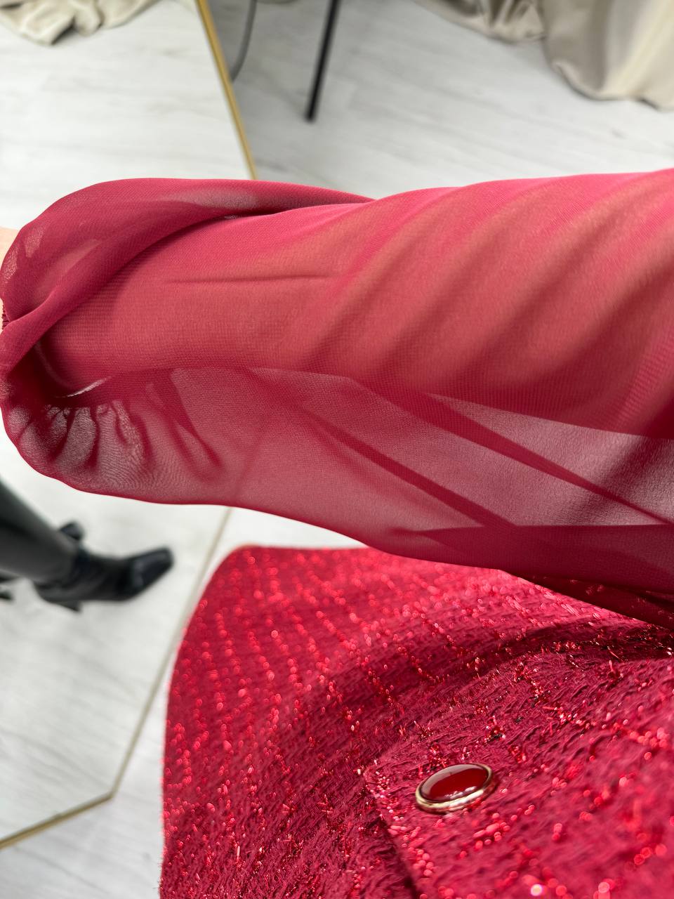 Bordo%20Kolu%20Şifon%20Ceket%20Yaka%20Tuvid%20Elbise