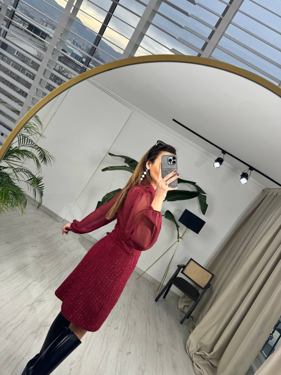 Bordo%20Kolu%20Şifon%20Ceket%20Yaka%20Tuvid%20Elbise