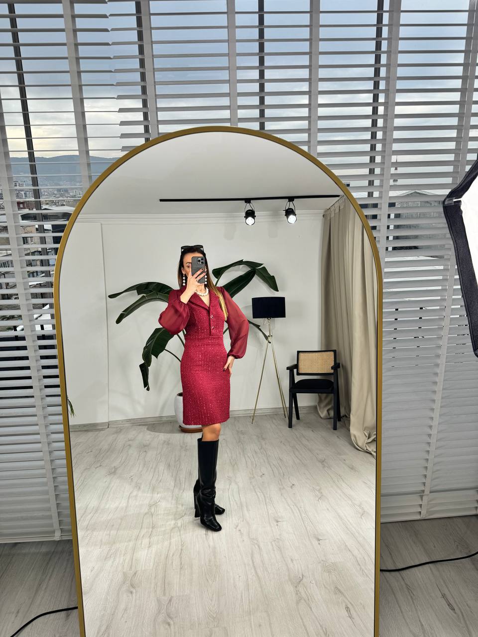 Bordo%20Kolu%20Şifon%20Ceket%20Yaka%20Tuvid%20Elbise