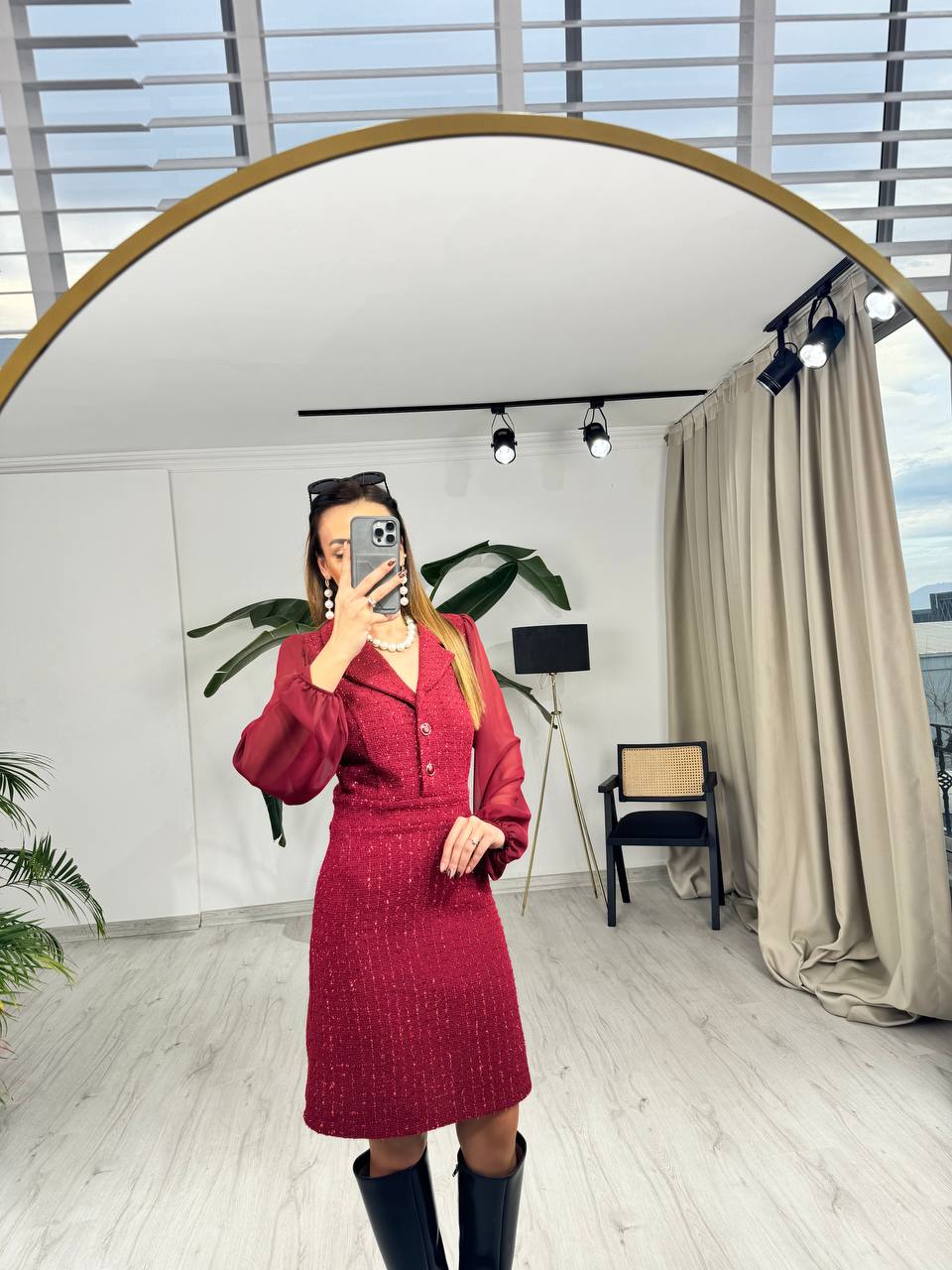 Bordo%20Kolu%20Şifon%20Ceket%20Yaka%20Tuvid%20Elbise