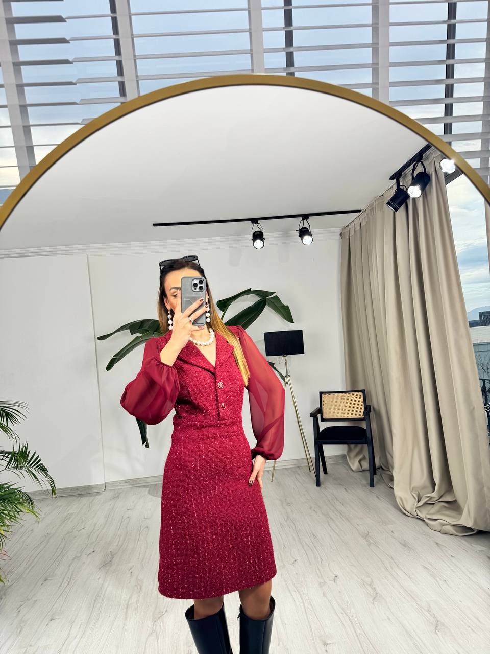 Bordo%20Kolu%20Şifon%20Ceket%20Yaka%20Tuvid%20Elbise