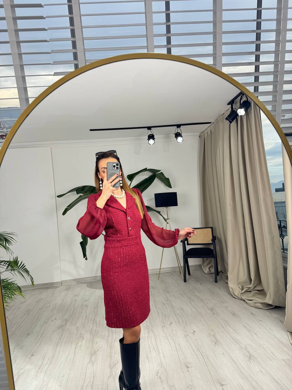 Bordo%20Kolu%20Şifon%20Ceket%20Yaka%20Tuvid%20Elbise