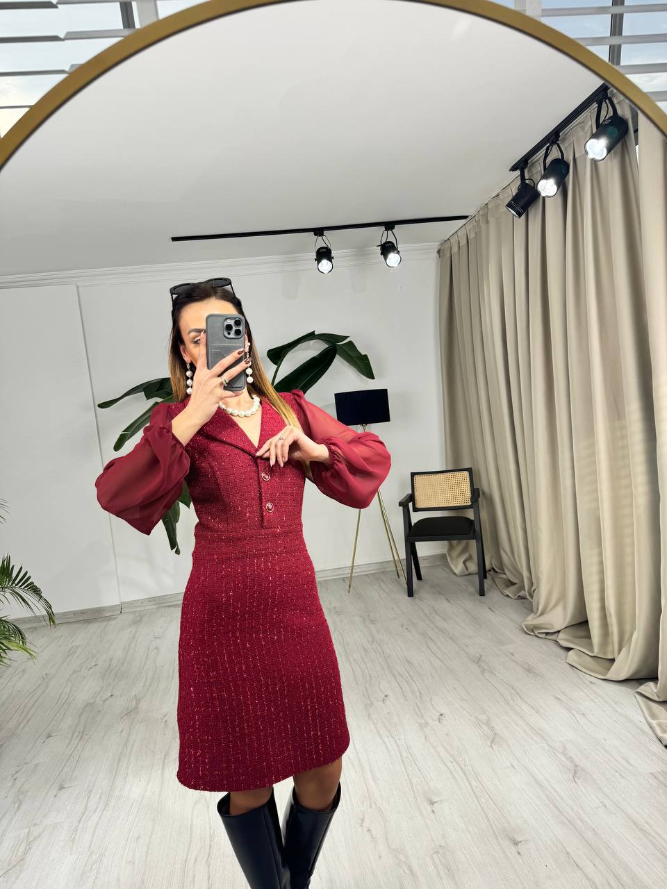 Bordo%20Kolu%20Şifon%20Ceket%20Yaka%20Tuvid%20Elbise