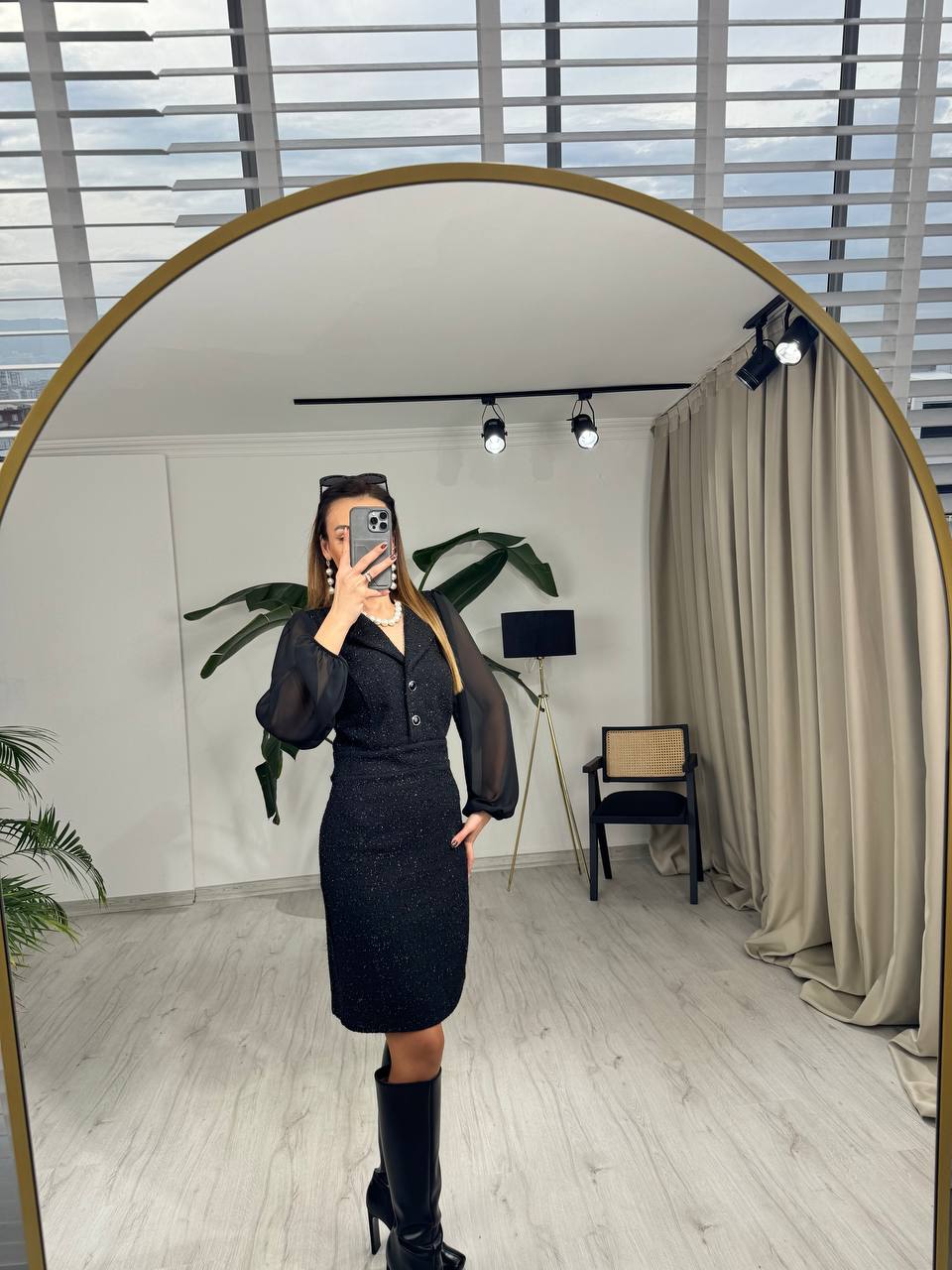 Siyah%20Kolu%20Şifon%20Ceket%20Yaka%20Tuvid%20Elbise