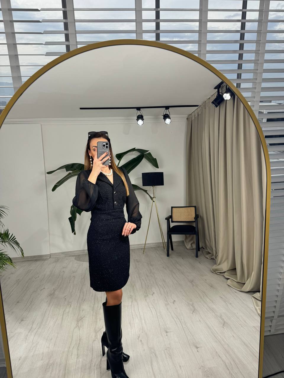 Siyah%20Kolu%20Şifon%20Ceket%20Yaka%20Tuvid%20Elbise