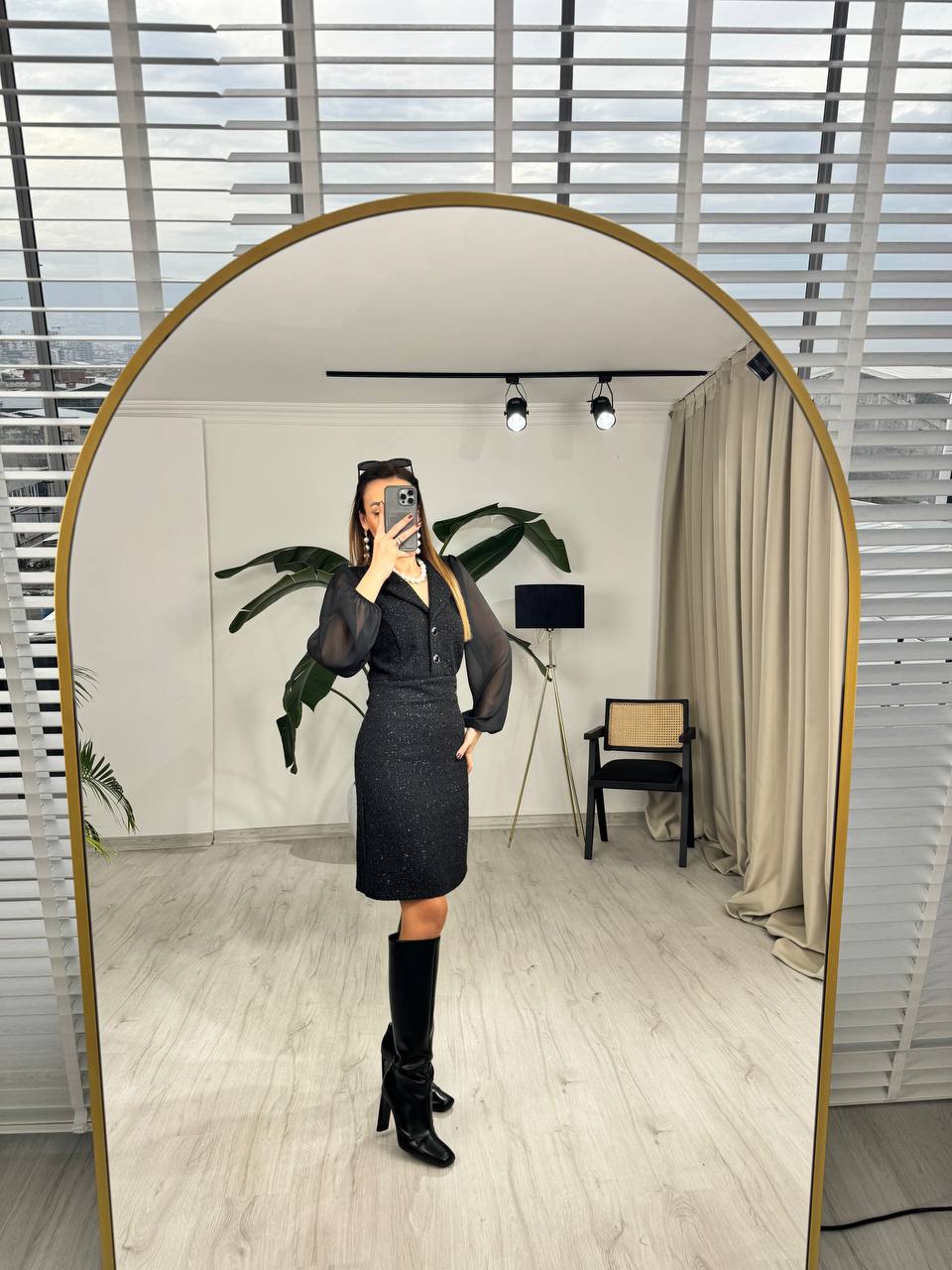 Siyah%20Kolu%20Şifon%20Ceket%20Yaka%20Tuvid%20Elbise