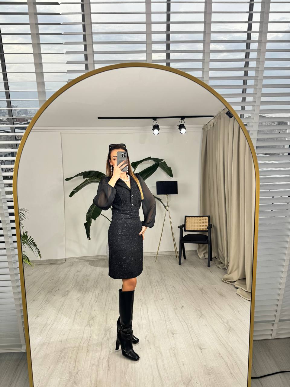 Siyah%20Kolu%20Şifon%20Ceket%20Yaka%20Tuvid%20Elbise