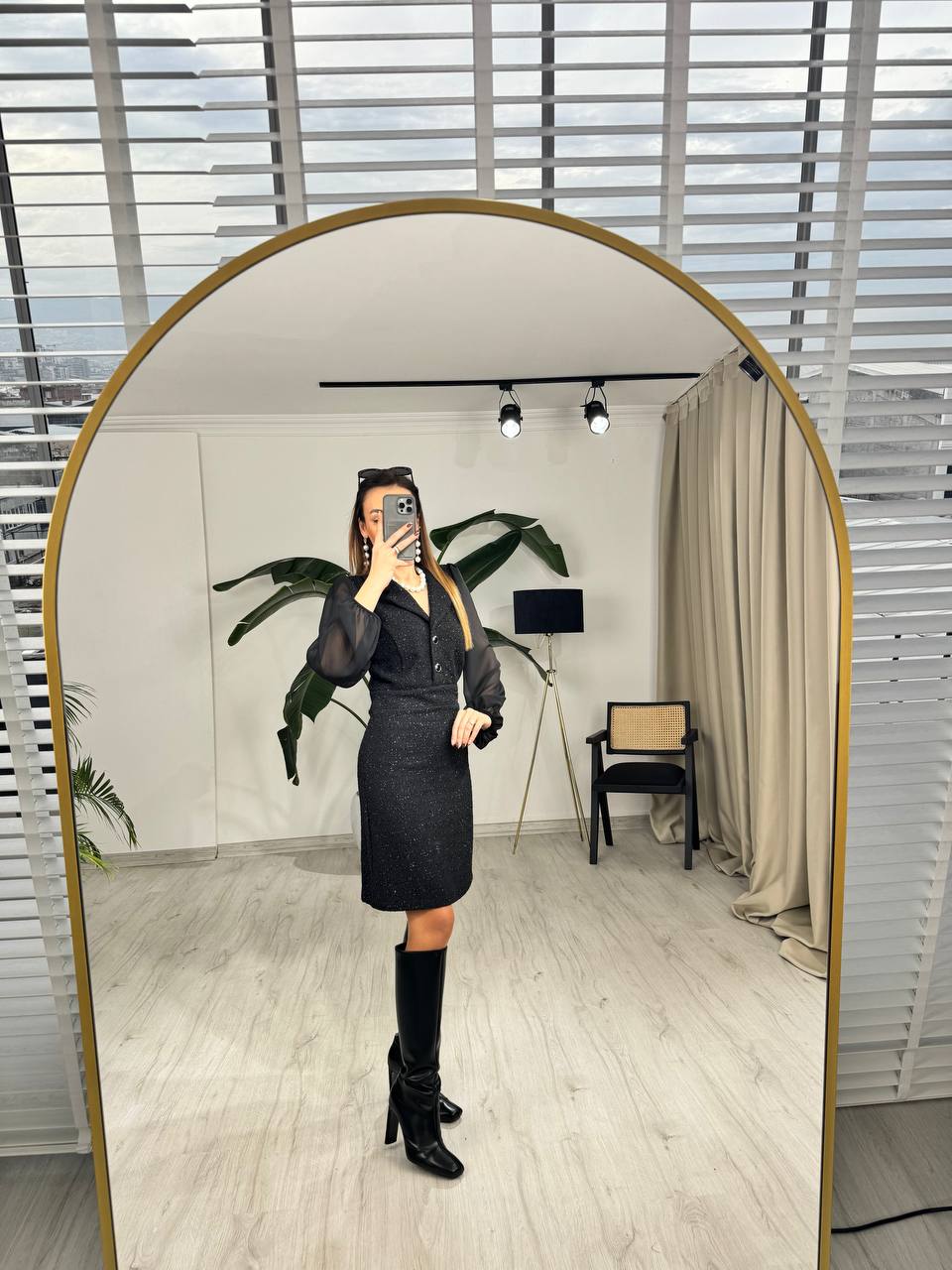 Siyah%20Kolu%20Şifon%20Ceket%20Yaka%20Tuvid%20Elbise