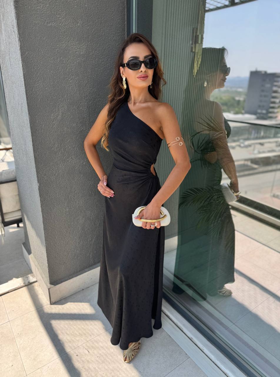 Tasarım%20Siyah%20Jakarlı%20Saten%20Bel%20Detay%20Elbise