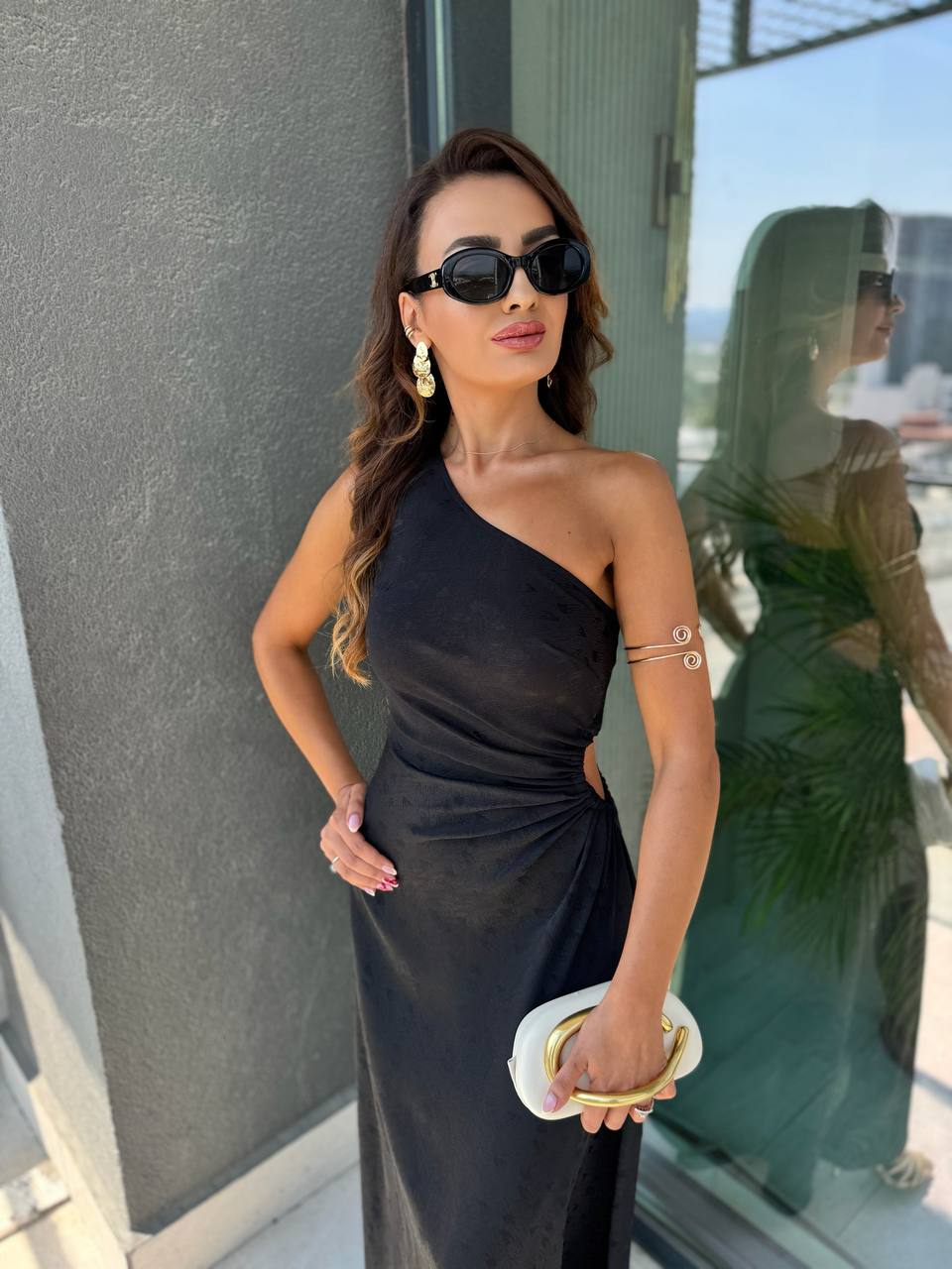 Tasarım%20Siyah%20Jakarlı%20Saten%20Bel%20Detay%20Elbise