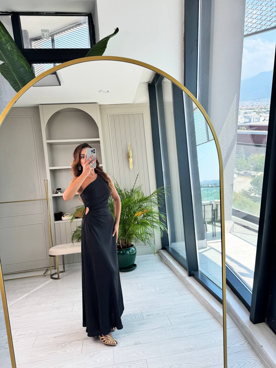 Tasarım%20Siyah%20Jakarlı%20Saten%20Bel%20Detay%20Elbise