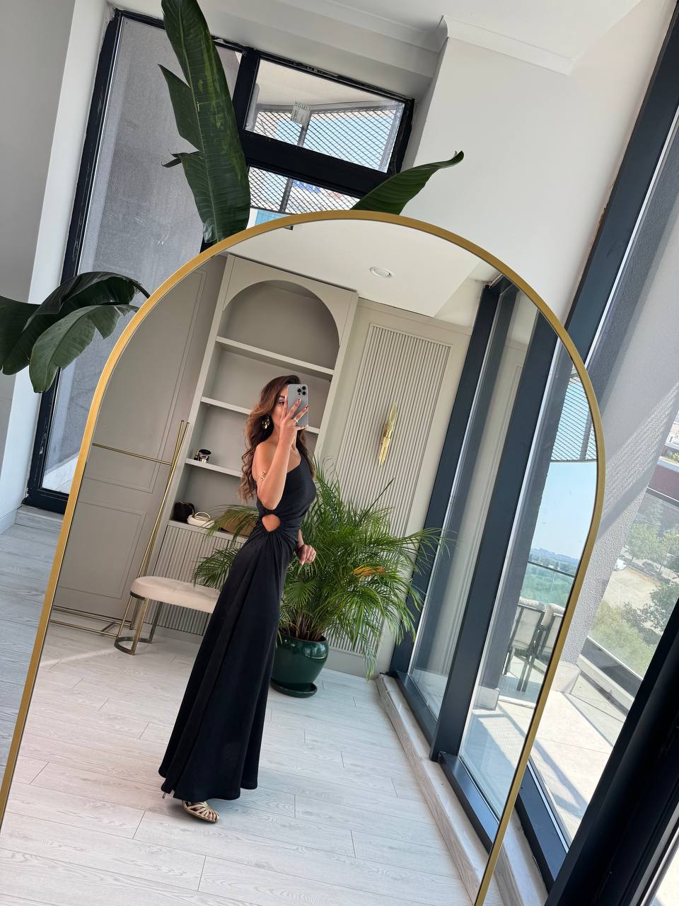 Tasarım%20Siyah%20Jakarlı%20Saten%20Bel%20Detay%20Elbise