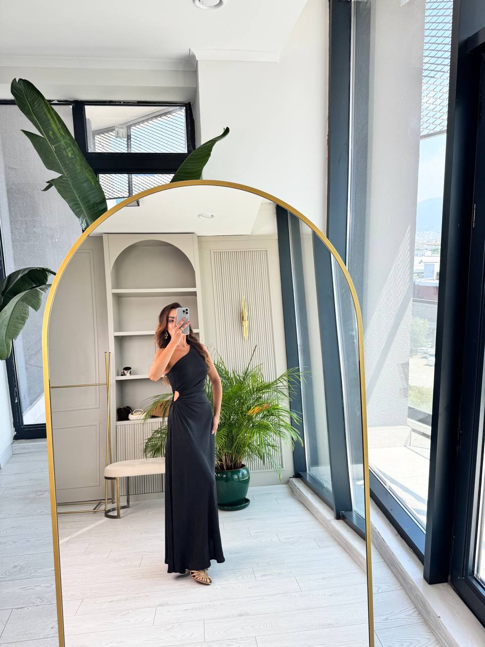 Tasarım%20Siyah%20Jakarlı%20Saten%20Bel%20Detay%20Elbise