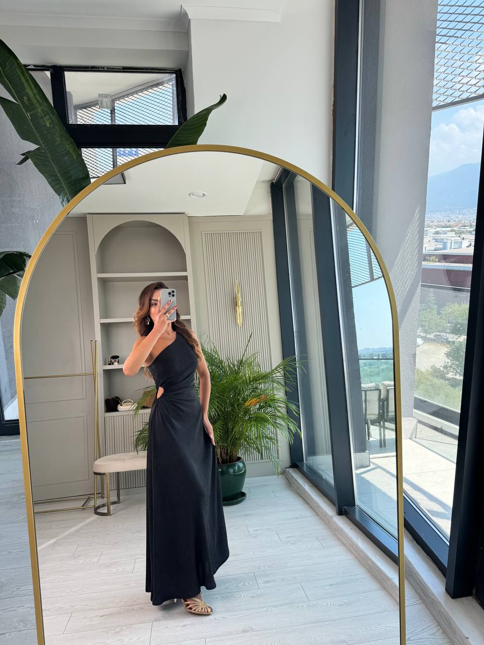 Tasarım%20Siyah%20Jakarlı%20Saten%20Bel%20Detay%20Elbise