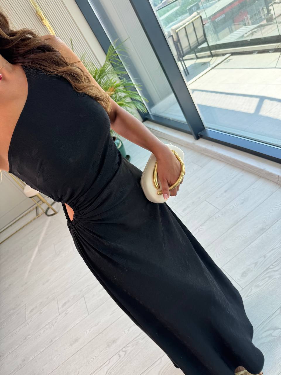 Tasarım%20Siyah%20Jakarlı%20Saten%20Bel%20Detay%20Elbise