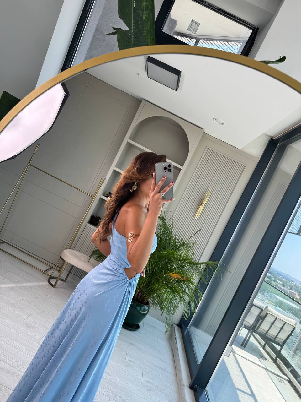 Tasarım%20Bebe%20Mavi%20Jakarlı%20Saten%20Bel%20Detay%20Elbise