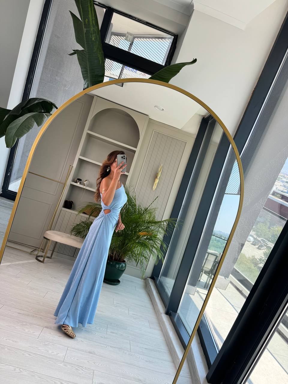 Tasarım%20Bebe%20Mavi%20Jakarlı%20Saten%20Bel%20Detay%20Elbise