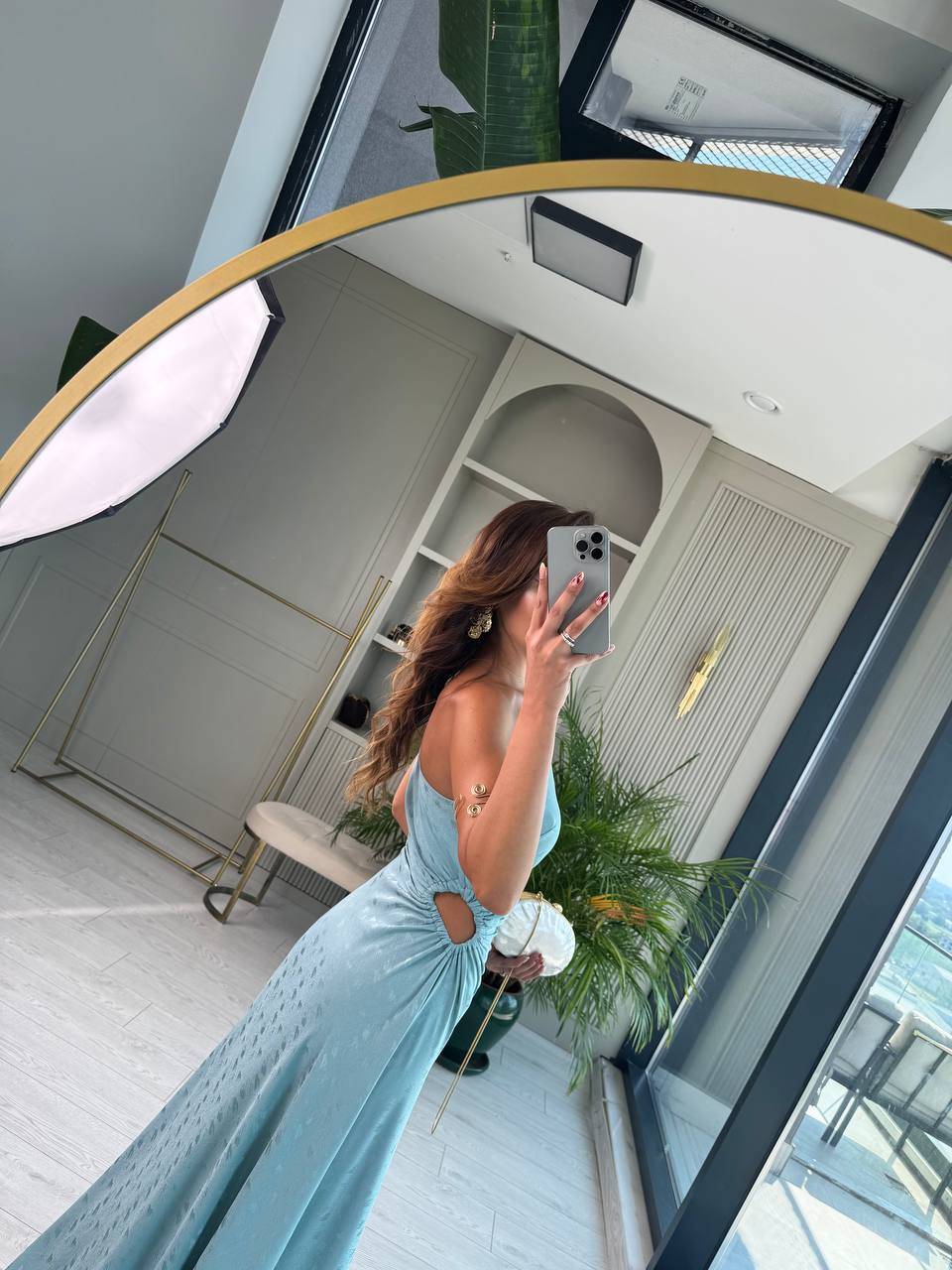 Tasarım%20Mint%20Jakarlı%20Saten%20Bel%20Detay%20Elbise