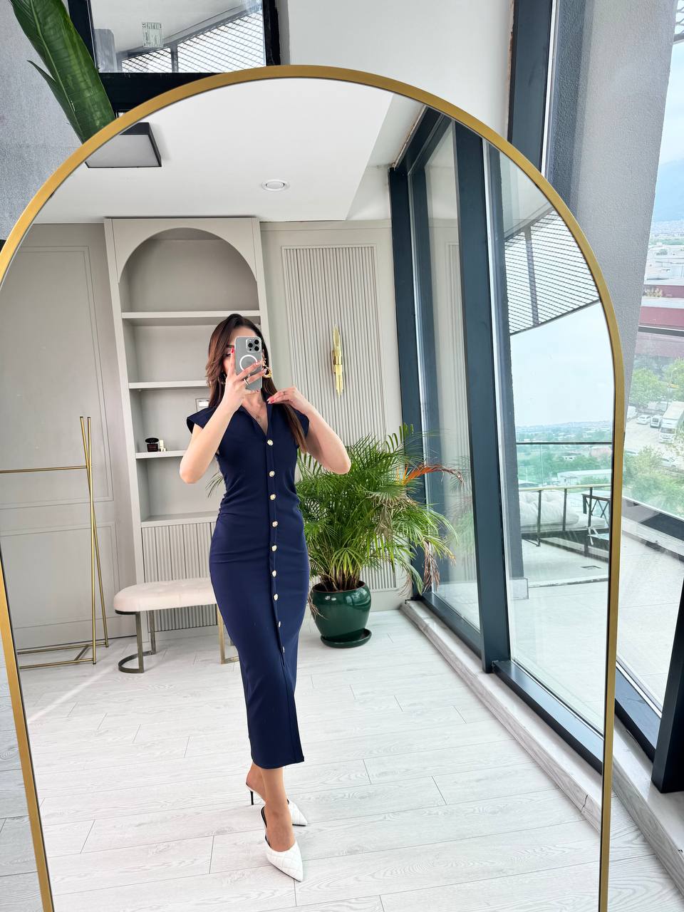 Lacivert%20Düğme%20Detaylı%20Zara%20Model%20Bel%20Drapeli%20Elbise