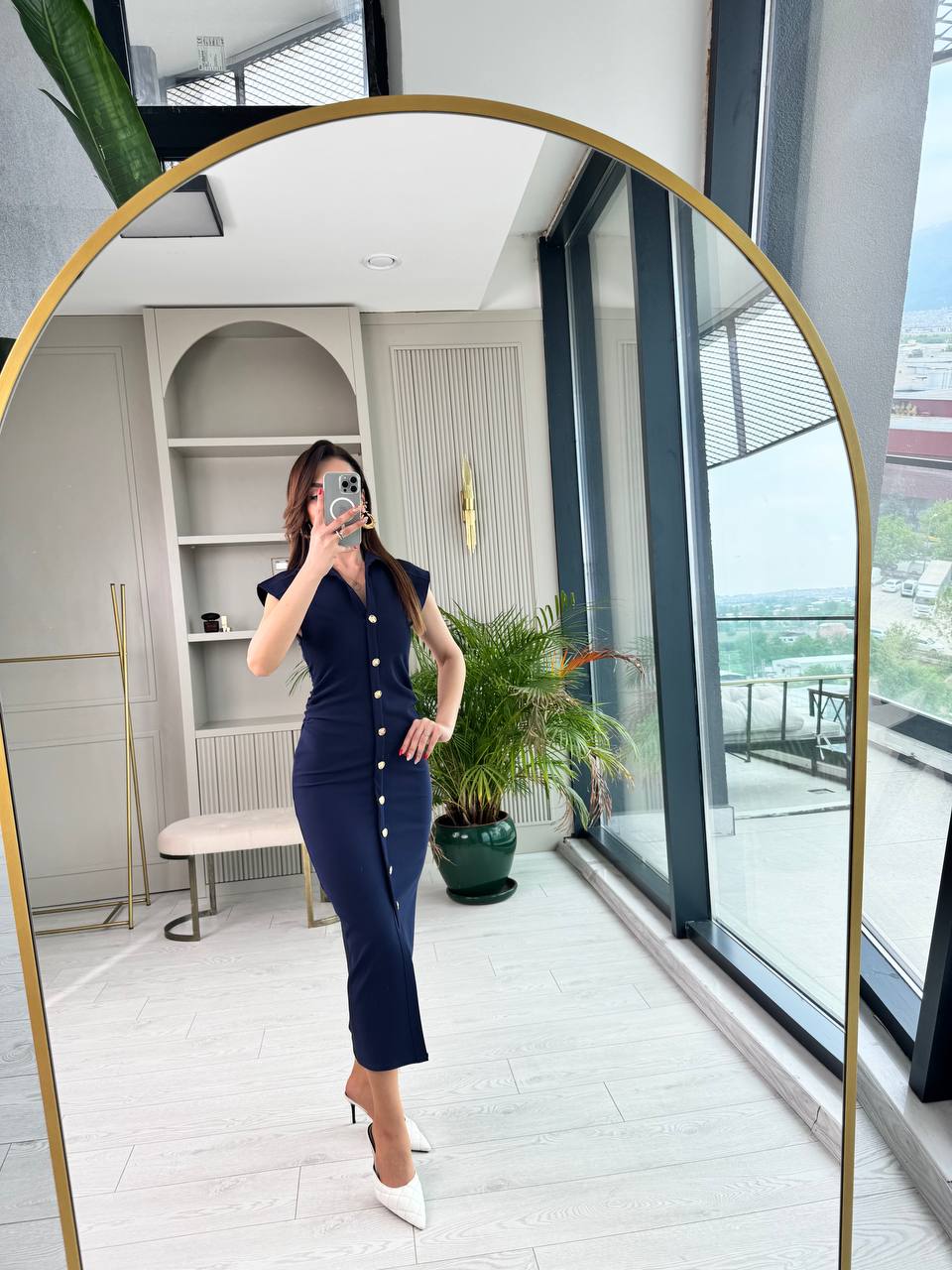 Lacivert%20Düğme%20Detaylı%20Zara%20Model%20Bel%20Drapeli%20Elbise