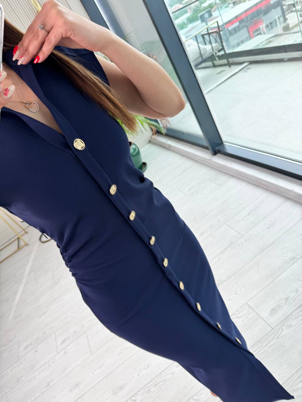 Lacivert%20Düğme%20Detaylı%20Zara%20Model%20Bel%20Drapeli%20Elbise