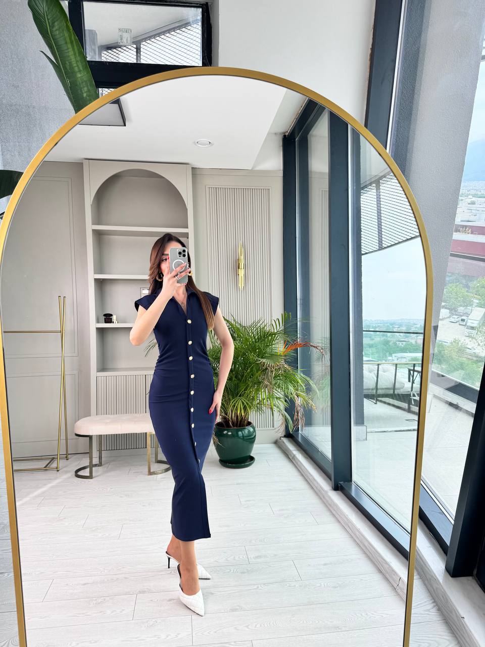 Lacivert%20Düğme%20Detaylı%20Zara%20Model%20Bel%20Drapeli%20Elbise