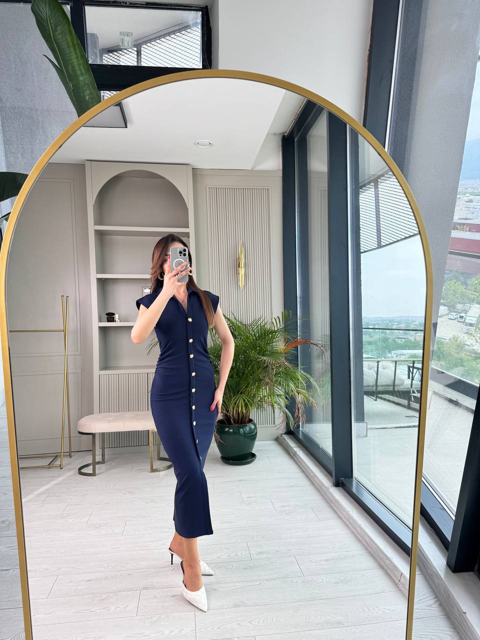 Lacivert%20Düğme%20Detaylı%20Zara%20Model%20Bel%20Drapeli%20Elbise