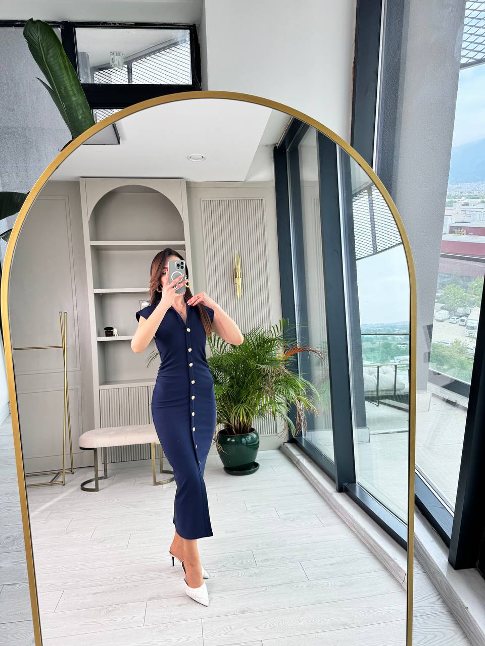 Lacivert%20Düğme%20Detaylı%20Zara%20Model%20Bel%20Drapeli%20Elbise