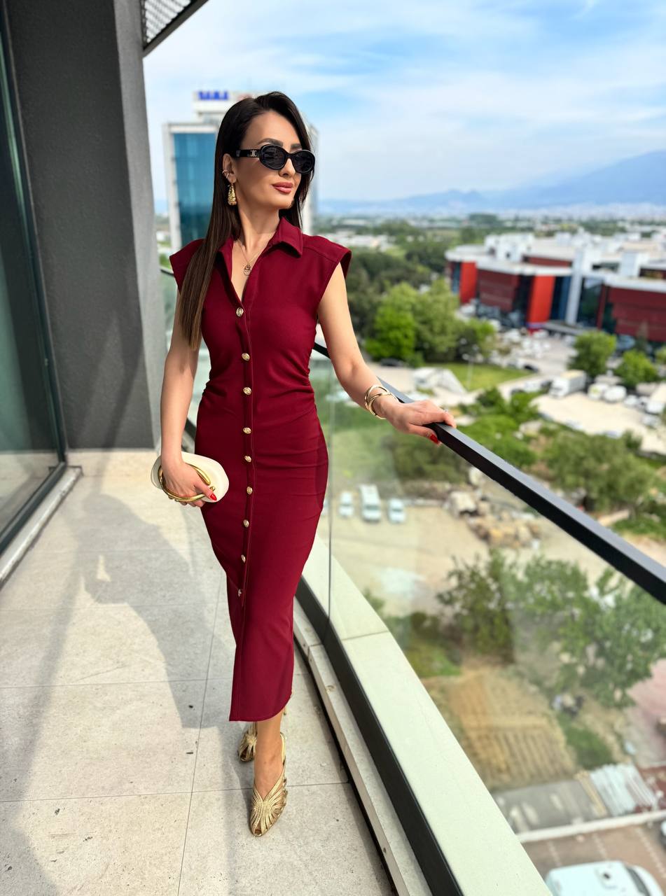 Bordo%20Düğme%20Detaylı%20Zara%20Model%20Bel%20Drapeli%20Elbise