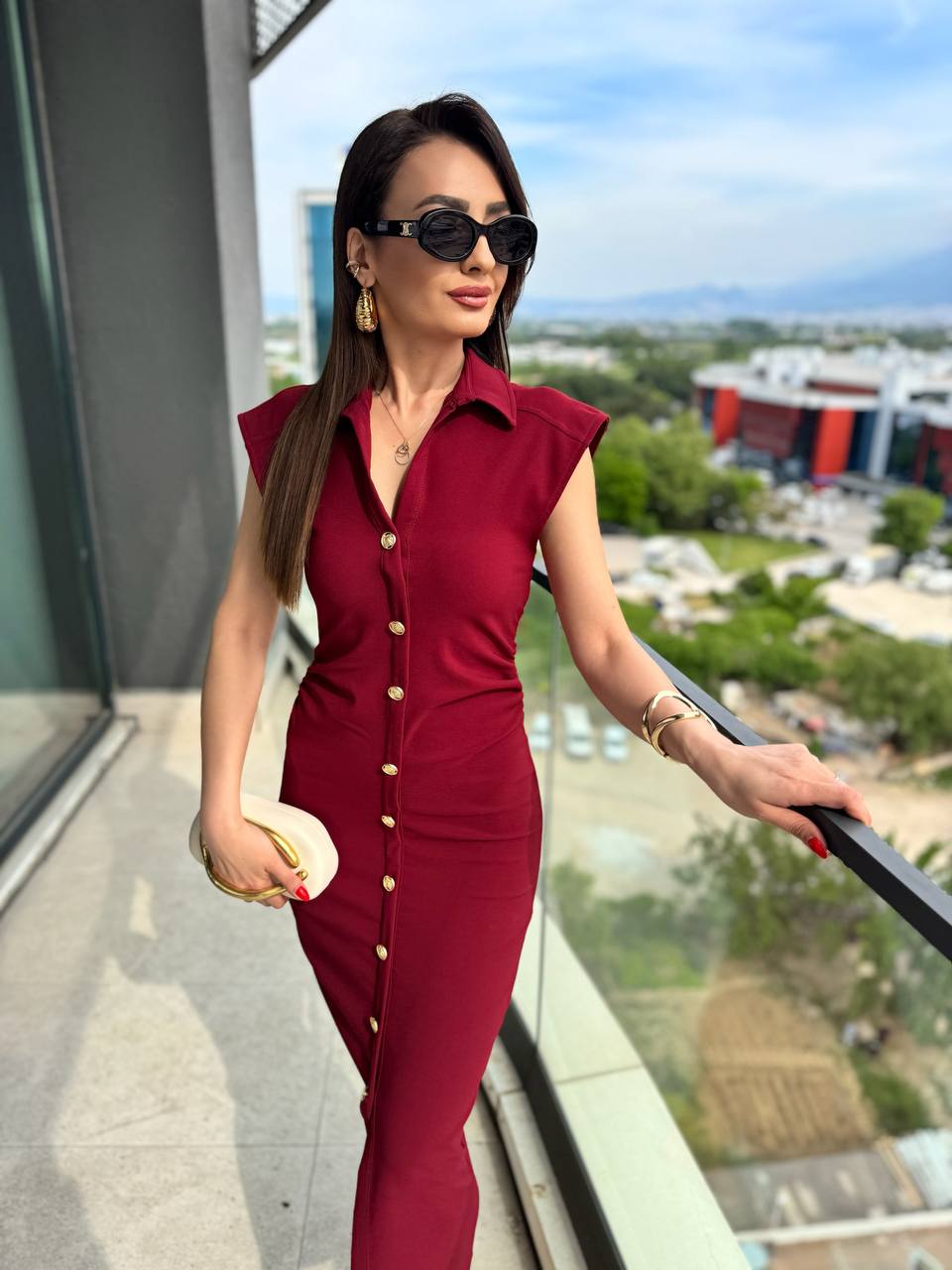 Bordo%20Düğme%20Detaylı%20Zara%20Model%20Bel%20Drapeli%20Elbise