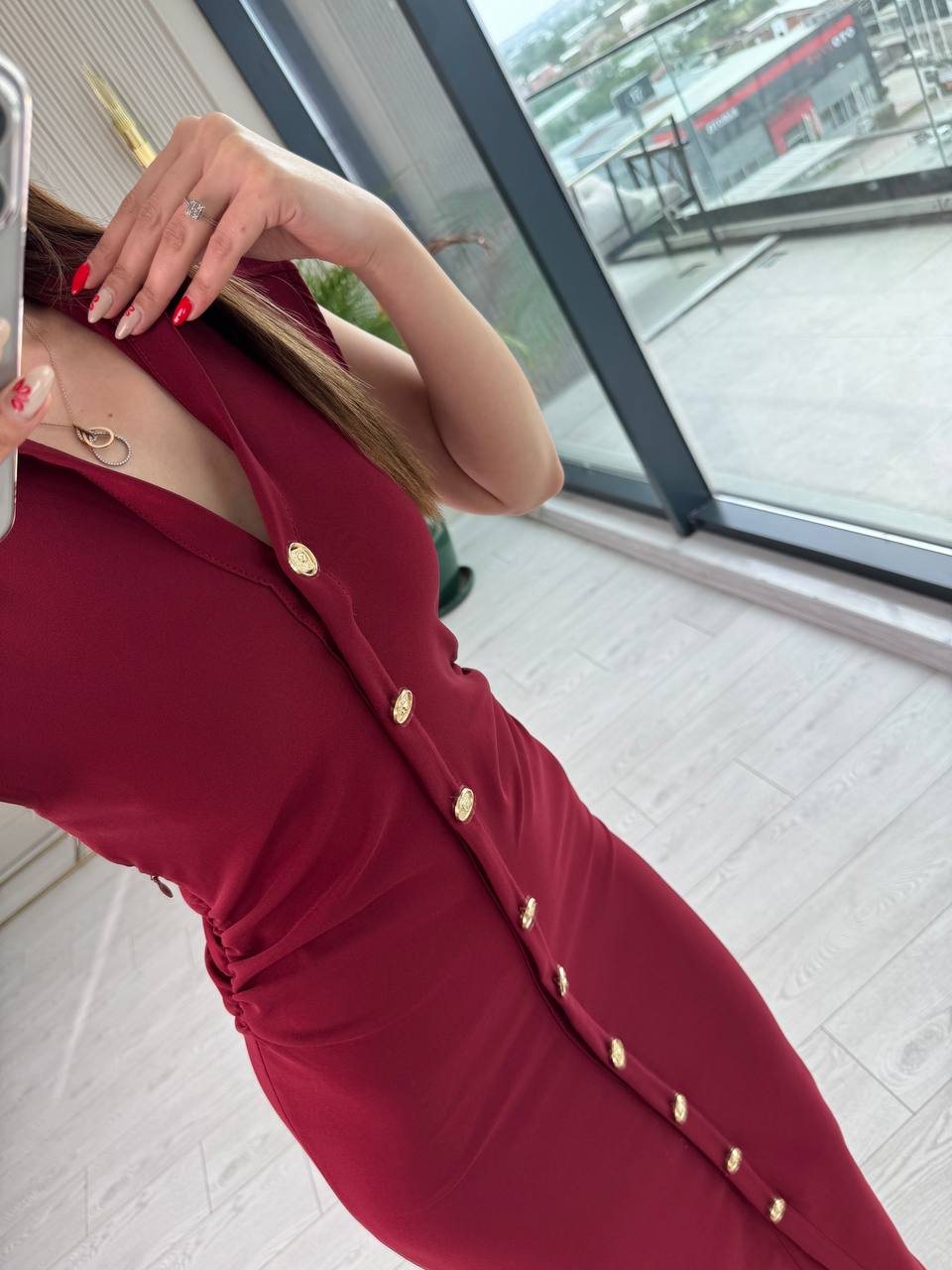 Bordo%20Düğme%20Detaylı%20Zara%20Model%20Bel%20Drapeli%20Elbise