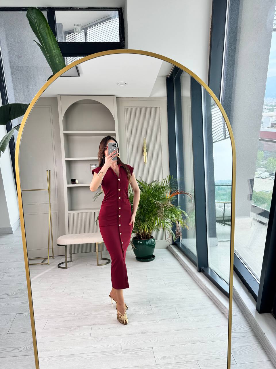 Bordo%20Düğme%20Detaylı%20Zara%20Model%20Bel%20Drapeli%20Elbise