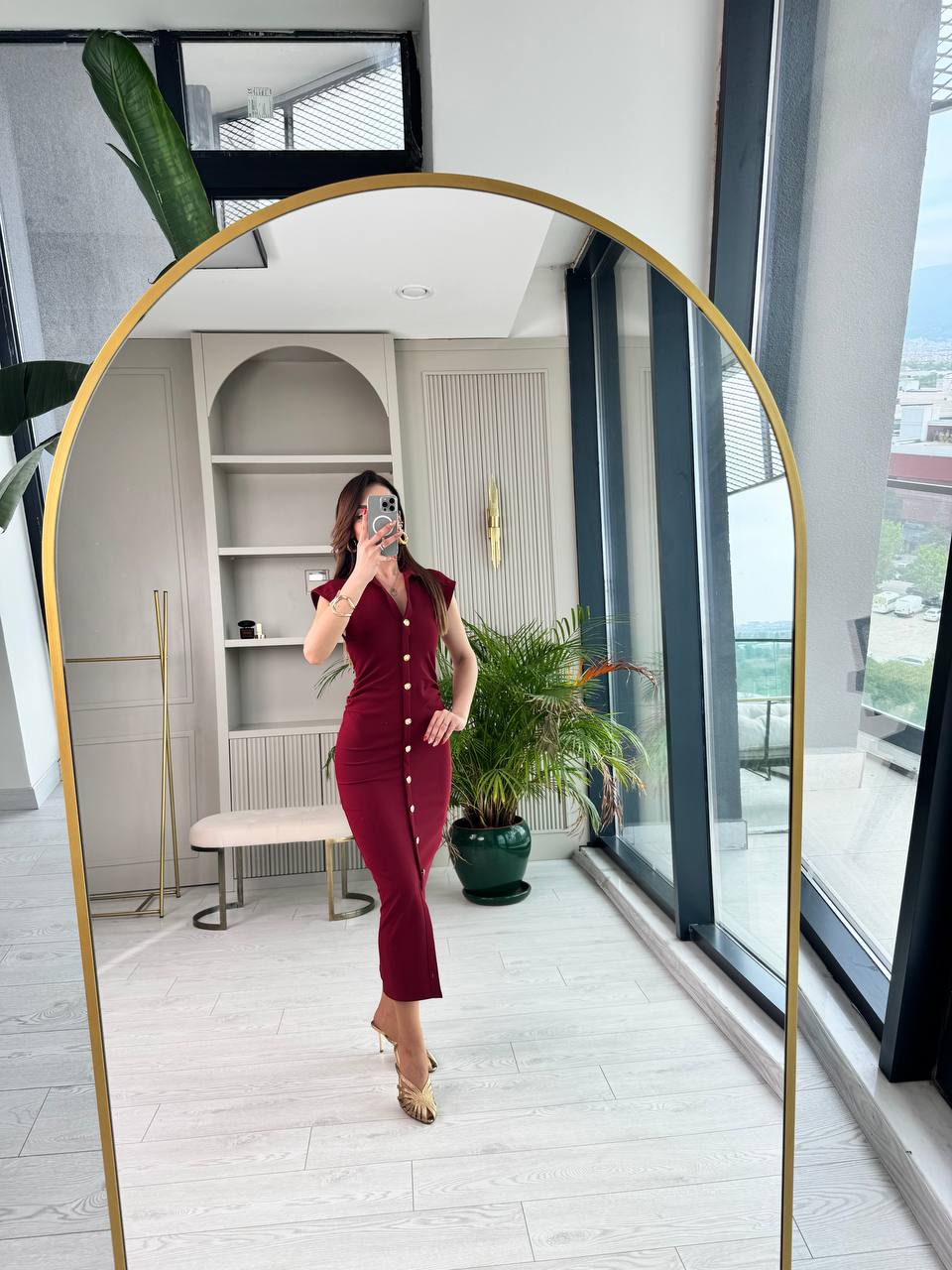 Bordo%20Düğme%20Detaylı%20Zara%20Model%20Bel%20Drapeli%20Elbise