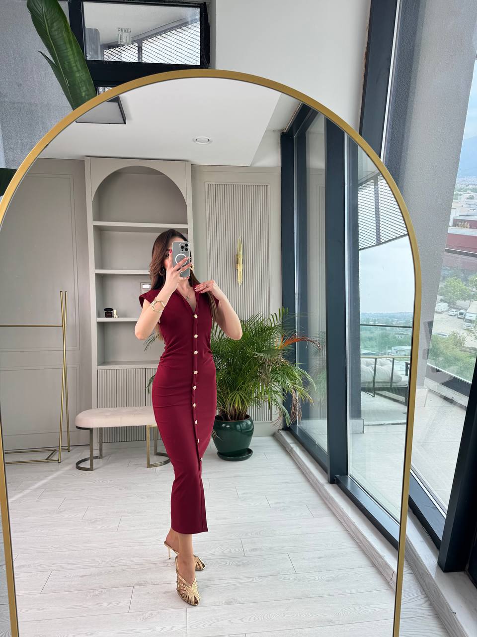 Bordo%20Düğme%20Detaylı%20Zara%20Model%20Bel%20Drapeli%20Elbise