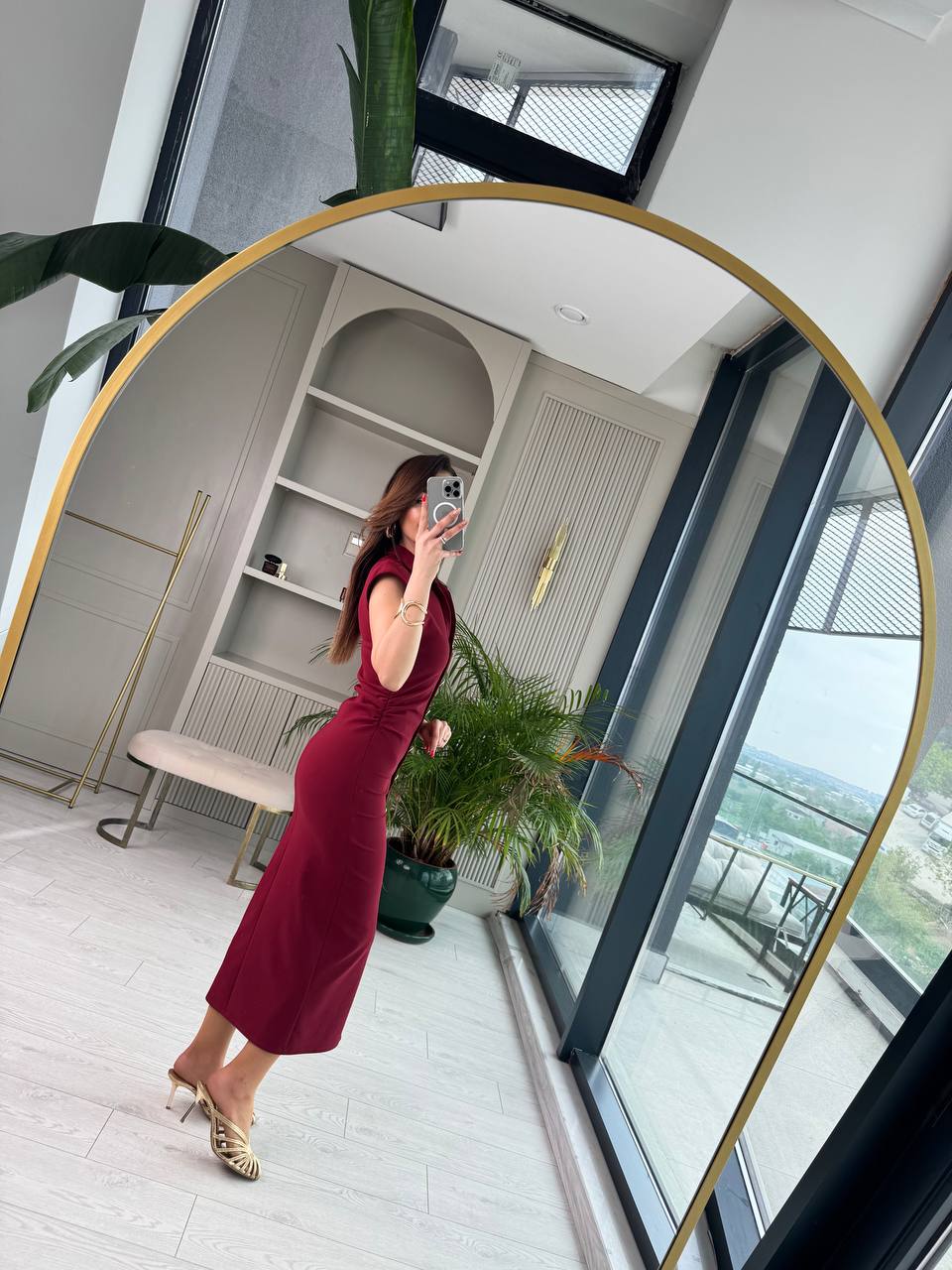 Bordo%20Düğme%20Detaylı%20Zara%20Model%20Bel%20Drapeli%20Elbise