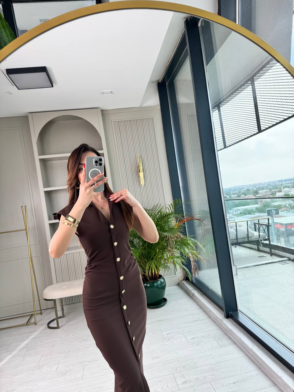 Kahverengi%20Düğme%20Detaylı%20Zara%20Model%20Bel%20Drapeli%20Elbise