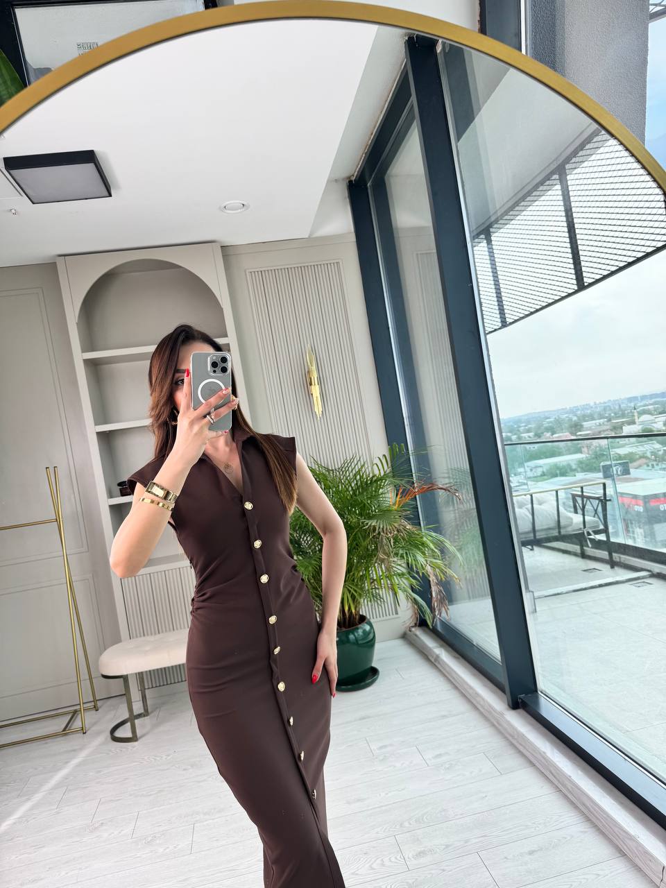 Kahverengi%20Düğme%20Detaylı%20Zara%20Model%20Bel%20Drapeli%20Elbise