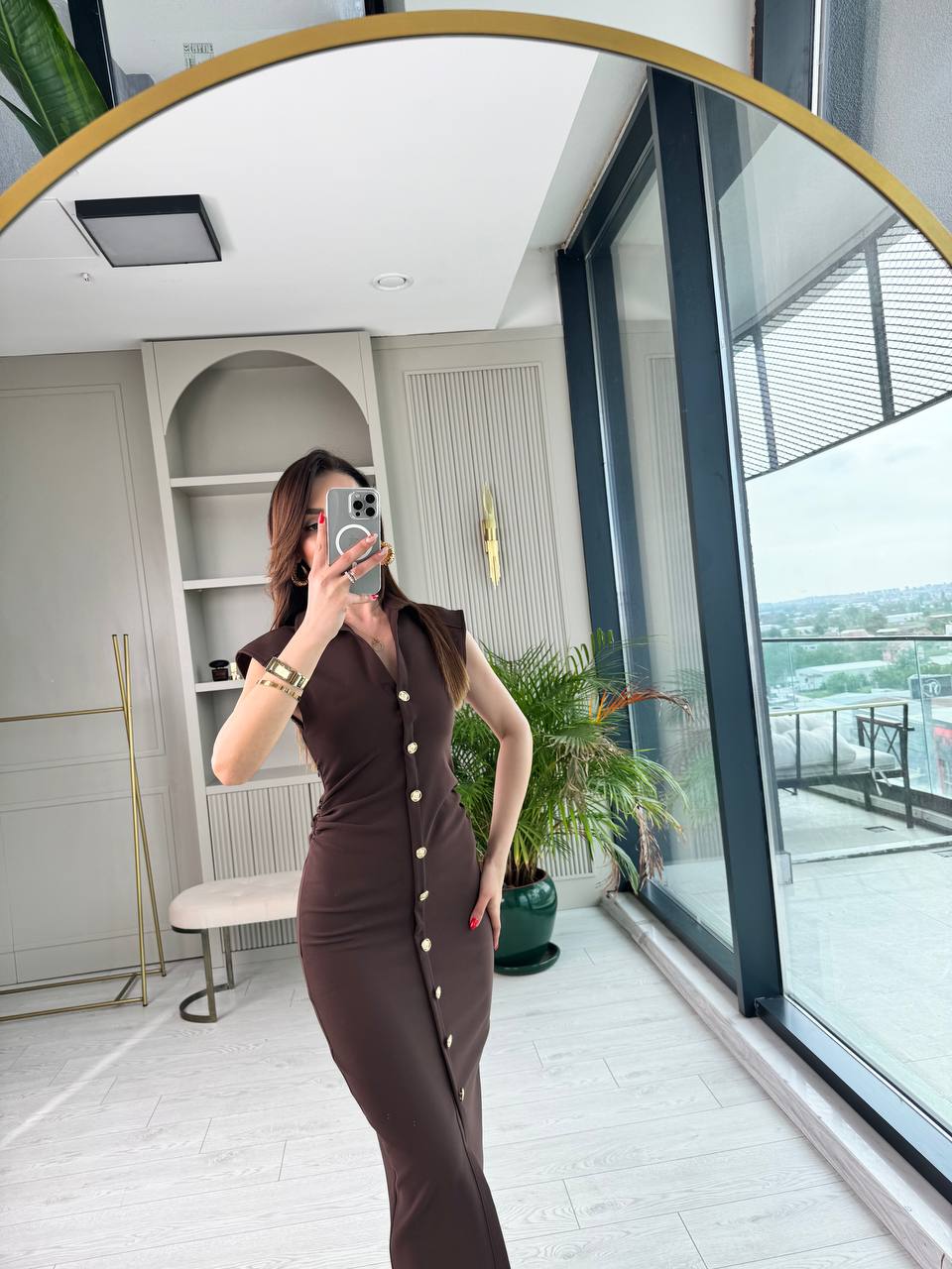 Kahverengi%20Düğme%20Detaylı%20Zara%20Model%20Bel%20Drapeli%20Elbise