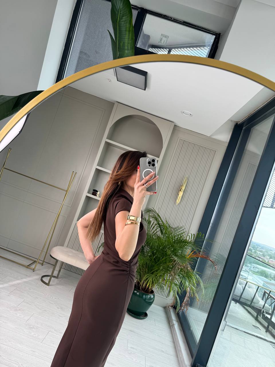 Kahverengi%20Düğme%20Detaylı%20Zara%20Model%20Bel%20Drapeli%20Elbise