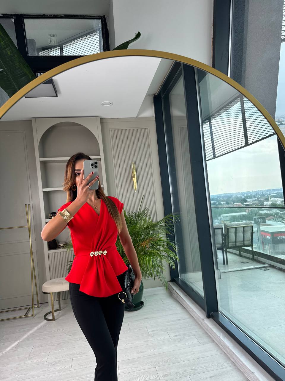 Tasarım%20Kırmızı%20Bel%20Detaylı%20Double%20Krep%20Kumaş%20Bluz
