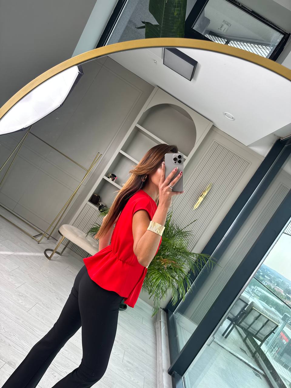 Tasarım%20Kırmızı%20Bel%20Detaylı%20Double%20Krep%20Kumaş%20Bluz